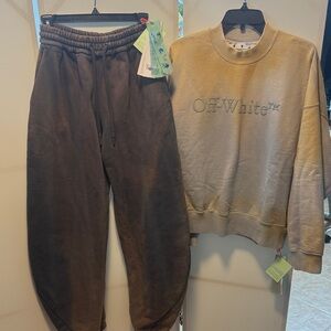 Off-White Taupe Crewneck Sweatshirt with Dark Brown Joggers